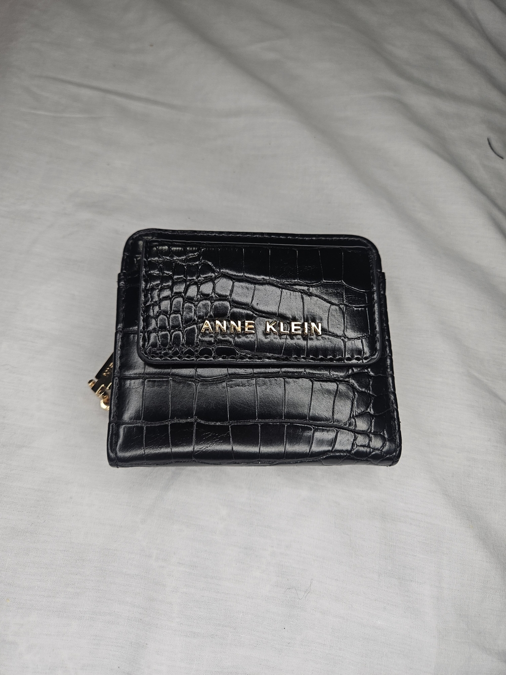 Anne Klein Black Croc-Embossed Compact Wallet with Gold Logo